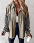 Casual Jacket Sequin Patchwork Long Sleeve Jacket Top Button Front Raw Hem Oversized Denim Shacket khaki