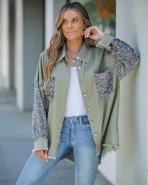 Casual Jacket Sequin Patchwork Long Sleeve Jacket Top Button Front Raw Hem Oversized Denim Shacket khaki