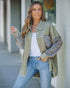 Casual Jacket Sequin Patchwork Long Sleeve Jacket Top Button Front Raw Hem Oversized Denim Shacket khaki