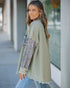 Sequin Decor Turn-down Collar Button Front Pockets Design Denim Coat Casual Fuzzy Spliced Raw Trim Shacket khaki