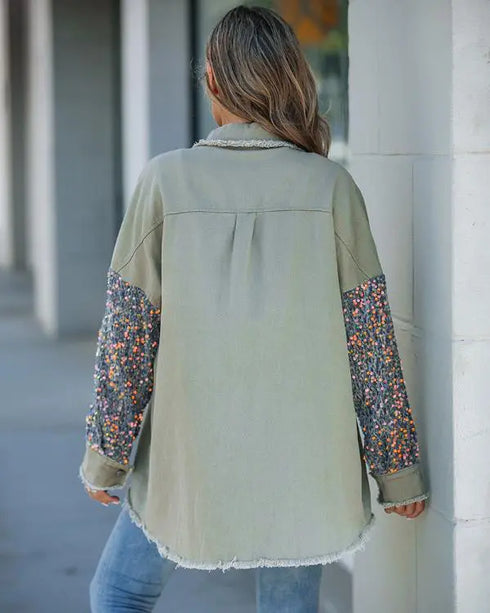 Contrast Sequin Turn-down Collar Long Sleeve Tassel Design Fuzzy Shacket with Pocket khaki