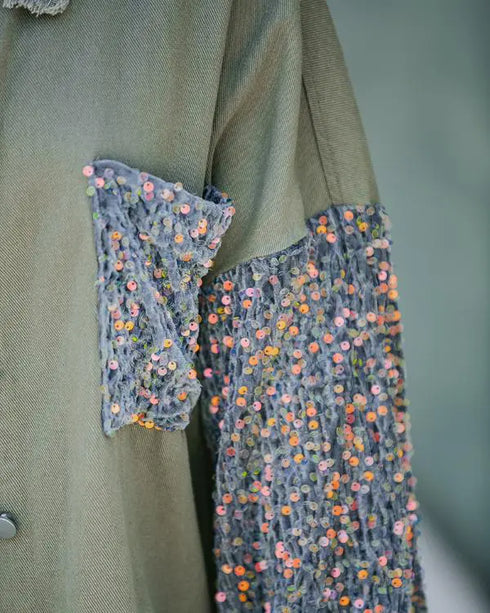 Casual Jacket Sequin Patchwork Long Sleeve Jacket Top Button Front Raw Hem Oversized Denim Shacket khaki