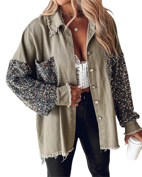 Sequin Decor Turn-down Collar Button Front Pockets Design Denim Coat Casual Fuzzy Spliced Raw Trim Shacket khaki