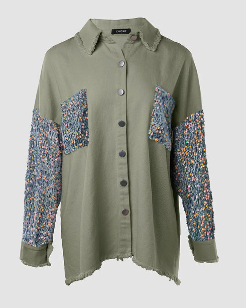 Casual Jacket Sequin Patchwork Long Sleeve Jacket Top Button Front Raw Hem Oversized Denim Shacket khaki