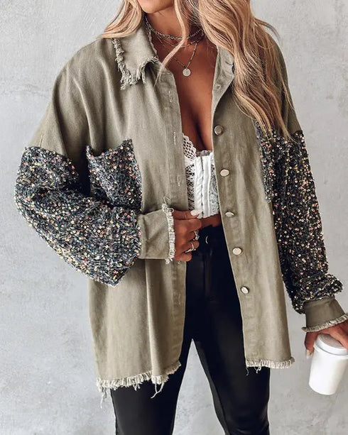 Sequin Decor Turn-down Collar Button Front Pockets Design Denim Coat Casual Fuzzy Spliced Raw Trim Shacket khaki