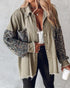 Sequin Decor Turn-down Collar Button Front Pockets Design Denim Coat Casual Fuzzy Spliced Raw Trim Shacket khaki