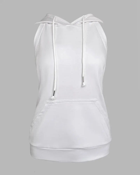 Stylish Pocket Open Back Drawstring Hooded Top with Baudeau white