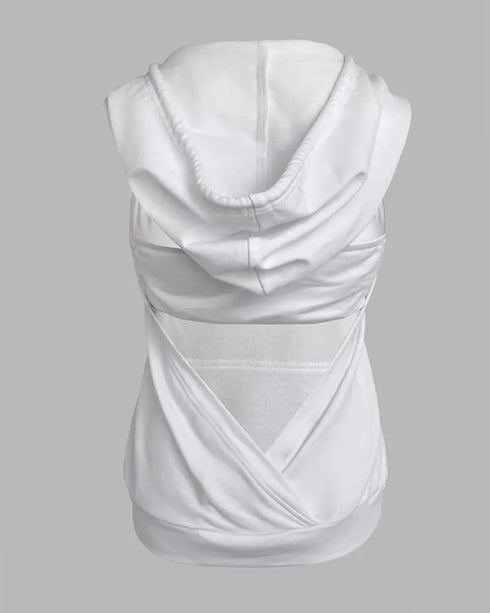 Stylish Pocket Open Back Drawstring Hooded Top with Baudeau white