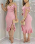 Cold Shoulder Beaded Slit Bodycon Dress Ruffle Hem Zipper Back Party Dress pink