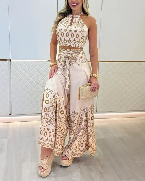 2 Pieces Outfits Tribal Print Keyhole Neck Sleeveless Top and Wide Leg Tied Detail Slit Pants Sets Apricot