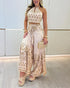 2 Pieces Outfits Tribal Print Keyhole Neck Sleeveless Top and Wide Leg Tied Detail Slit Pants Sets Apricot