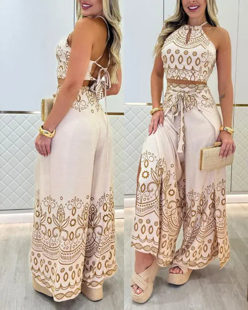 2 Pieces Outfits Tribal Print Keyhole Neck Sleeveless Top and Wide Leg Tied Detail Slit Pants Sets Apricot