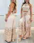 2 Pieces Outfits Tribal Print Keyhole Neck Sleeveless Top and Wide Leg Tied Detail Slit Pants Sets Apricot