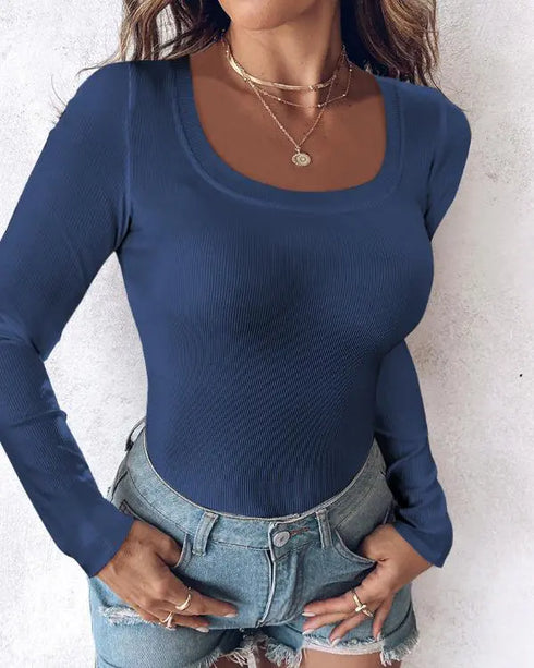 ChicMe Built-in Bra U-Neck Long Sleeve Ribbed Top purplish blue