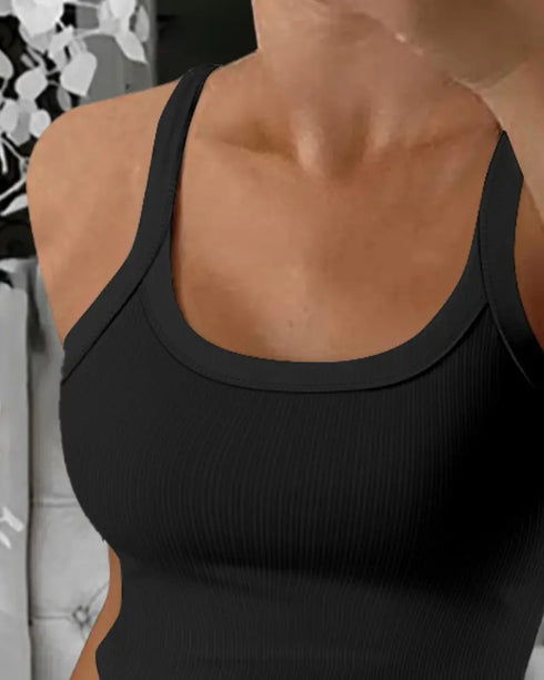 Scoop Neck Spaghetti Strap Ribbed Top Casual Sleeveless Slim Fit Tank black
