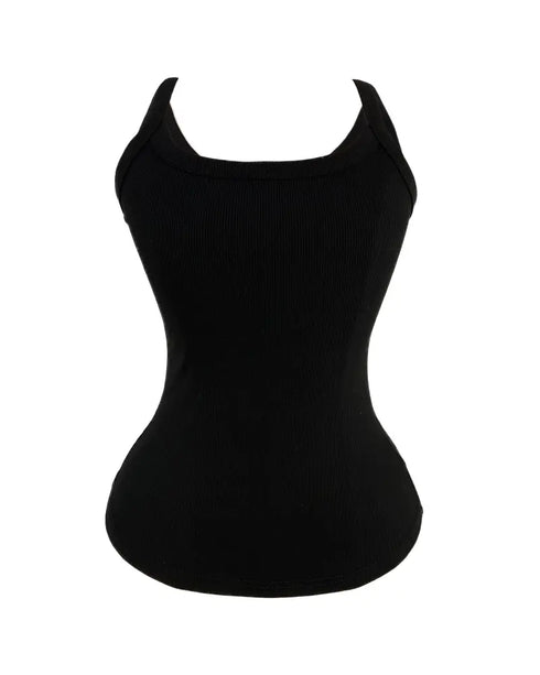 Scoop Neck Spaghetti Strap Ribbed Top Casual Sleeveless Slim Fit Tank black
