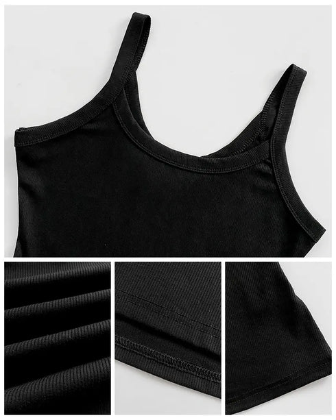 Scoop Neck Spaghetti Strap Ribbed Top Casual Sleeveless Slim Fit Tank black