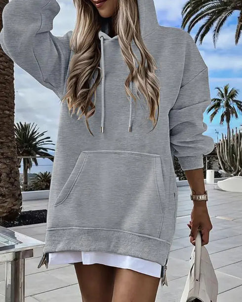 Long Sleeve Pocket Design Pullover Sweatshirt Casual Faux Two Piece Longline Drawstring Hooded Top gray