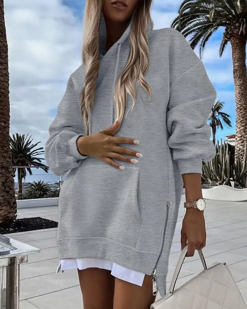 Long Sleeve Pocket Design Pullover Sweatshirt Casual Faux Two Piece Longline Drawstring Hooded Top gray