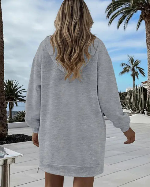 Long Sleeve Pocket Design Pullover Sweatshirt Casual Faux Two Piece Longline Drawstring Hooded Top gray
