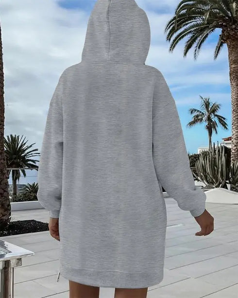 Long Sleeve Pocket Design Pullover Sweatshirt Casual Faux Two Piece Longline Drawstring Hooded Top gray