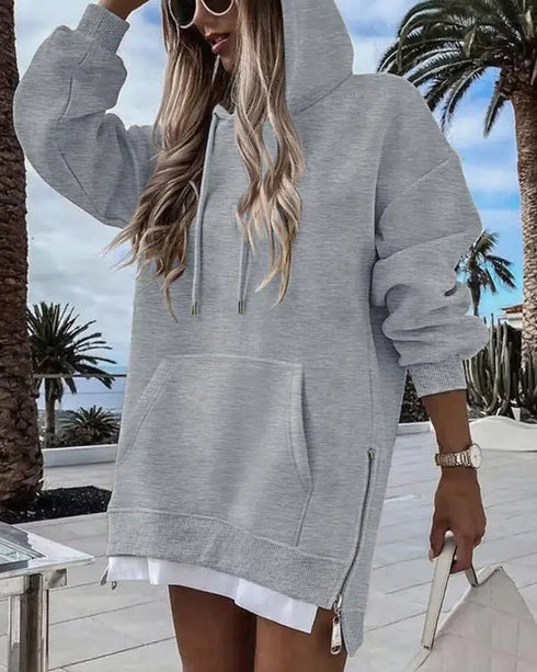 Letter Patch Detail Long Sleeve Drop Shoulder Pullover Sweatshirt Casual Zipper Side Slit Top gray