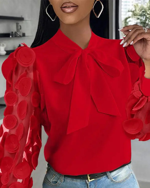 Floral Pattern Long Sleeve Blouse Solid Tie Neck Mesh Patch Shirt Office Work Tops red