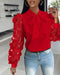 Floral Pattern Long Sleeve Blouse Solid Tie Neck Mesh Patch Shirt Office Work Tops red