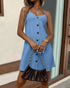 Textured V-Neck Button Front Spaghetti Strap A Line Mini Dress blue