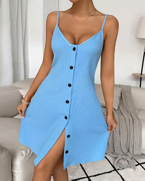 Textured V-Neck Button Front Spaghetti Strap A Line Mini Dress blue