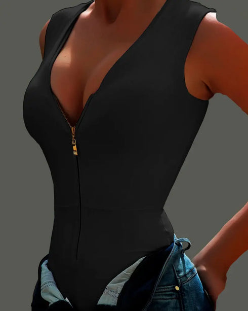 Zip Front V-Neck Sleeveless Bodysuit black