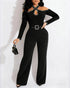 Rhinestone Decor Halter Cold Shoulder Long Sleeve Overalls Hollow-out Front Zipper Back Jumpsuit with Belt black