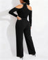 Rhinestone Decor Halter Cold Shoulder Long Sleeve Overalls Hollow-out Front Zipper Back Jumpsuit with Belt black
