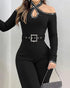 Rhinestone Cold Shoulder High Neck Jumpsuit Long Sleeve Slim Fit Flared Jumpsuit black