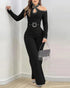 Rhinestone Decor Halter Cold Shoulder Long Sleeve Overalls Hollow-out Front Zipper Back Jumpsuit with Belt black