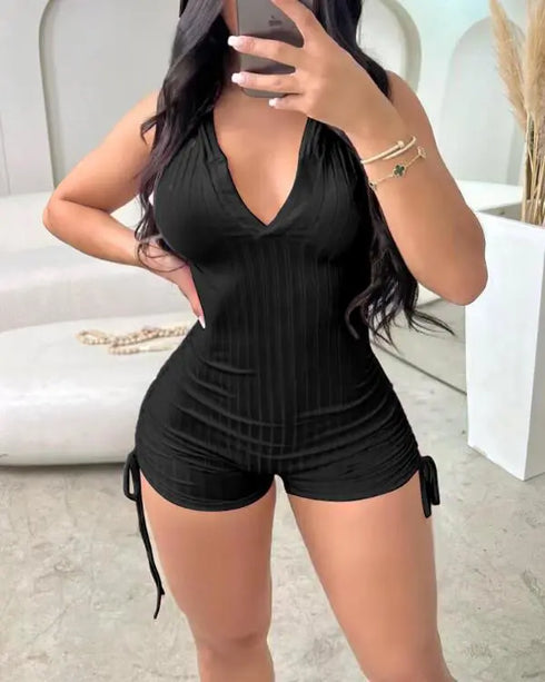 Side Drawstring Slim Fit Sleeveless Hooded Romper black