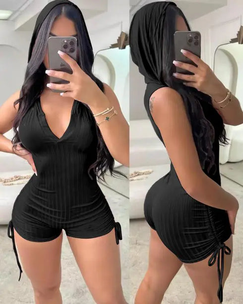 Side Drawstring Slim Fit Sleeveless Hooded Romper black