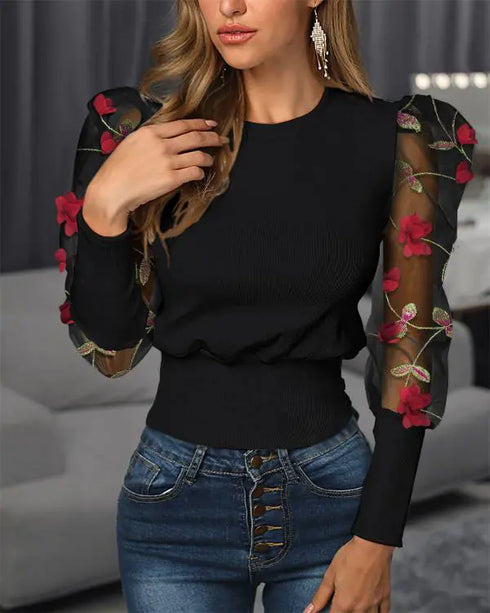 Glitter Puff Sleeve Sheer Mesh Top black