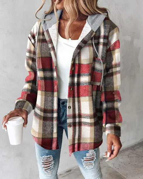 Plaid Print Long Sleeve Button Front Drawstring Hoodie Jacket Casual Pocket Design Thermal Lined Warm Coat red