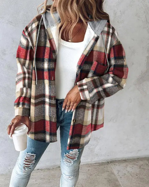Plaid Print Button Front Pocket Design Drawstring Hoodie Jacket Casual Asymmetrical Hem Thermal Lined Warm Coat red