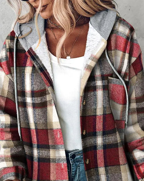 Plaid Print Button Front Pocket Design Drawstring Hoodie Jacket Casual Asymmetrical Hem Thermal Lined Warm Coat red