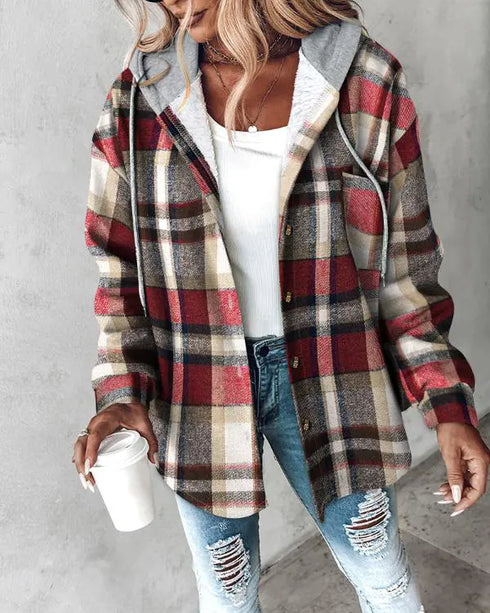 Plaid Print Button Front Pocket Design Drawstring Hoodie Jacket Casual Asymmetrical Hem Thermal Lined Warm Coat red