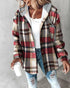 Plaid Print Long Sleeve Button Front Drawstring Hoodie Jacket Casual Pocket Design Thermal Lined Warm Coat red