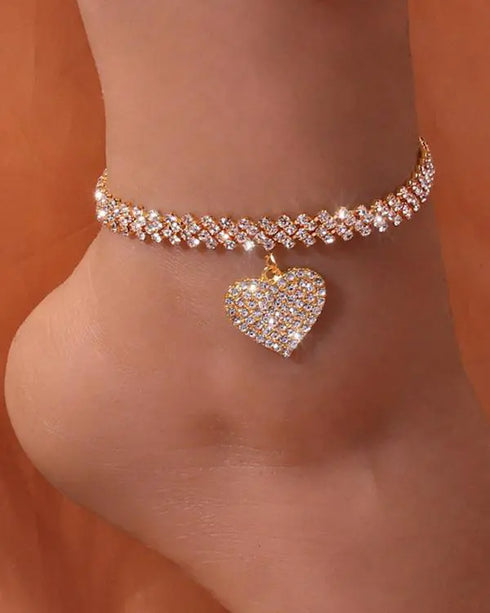 1pc Rhinestone Love Pendant Chain Anklet gold