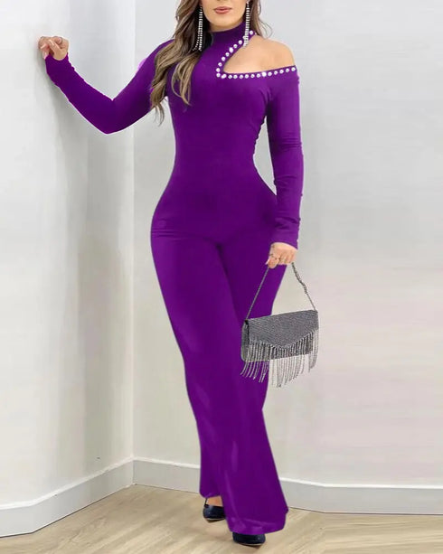 Rhinestone Decor Halter Cold Shoulder Long Sleeve Overalls Hollow-out Front Zipper Back Jumpsuit with Belt purple