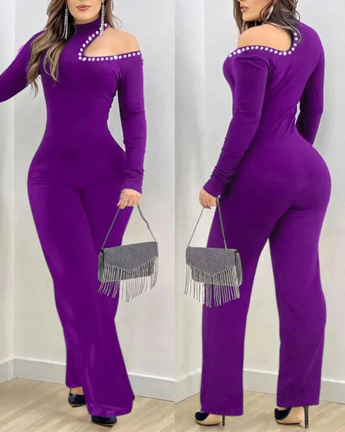 Rhinestone Decor Halter Cold Shoulder Long Sleeve Overalls Hollow-out Front Zipper Back Jumpsuit with Belt purple