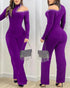 Rhinestone Cold Shoulder High Neck Jumpsuit Long Sleeve Slim Fit Flared Jumpsuit purple
