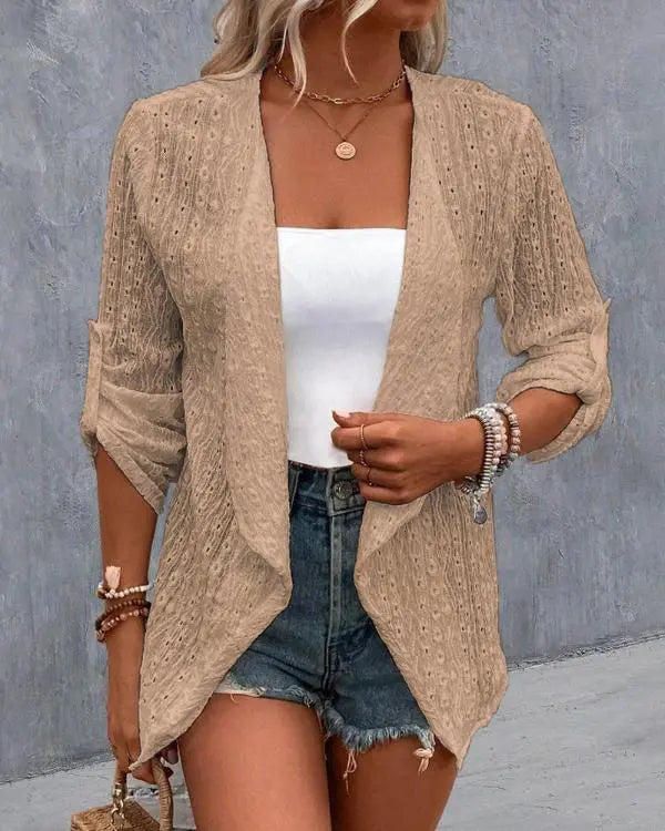Open Front Floral Lace Embroidered Turn-Up Sleeves Coat Casual Lightweight Breathable Sheer Cardigan khaki