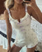 2 Pieces Outfit Bowknot Decor Notch Neck Adjustable Straps Ruffles Camisole Top and Elastic Waist Shorts Set Casual Ditsy Floral Print Frill Trim Jacquard Textured Pajamas Set white