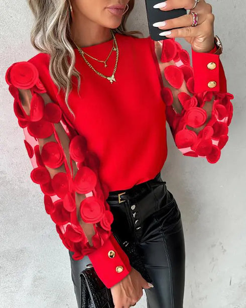 Floral Pattern Long Sleeve See Through Sheer Mesh Tops Pullover Tee Shirt red